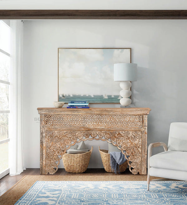 Distressed White Solid wood HandCarved Console & Side Table
