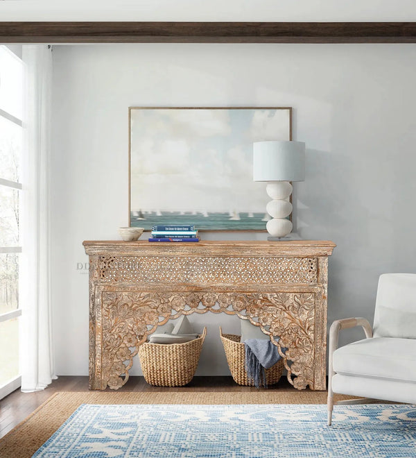 Distressed White Solid wood HandCarved Console & Side Table