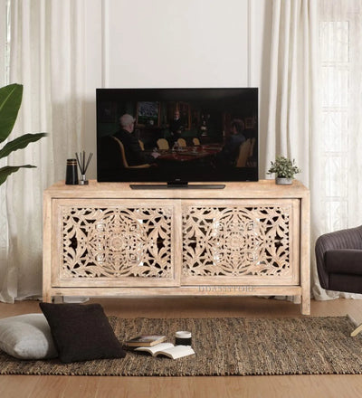 Distressed White Solid wood HandCarved TV cabinet with Storage for Living Room