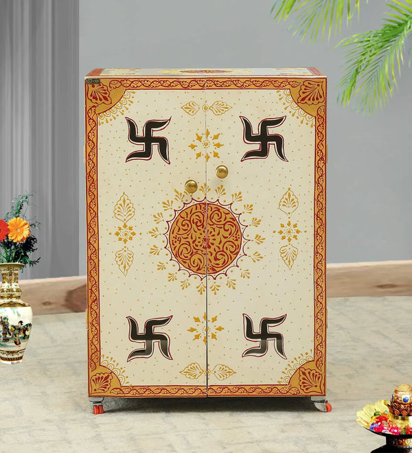 Golden Big MDF Wooden Pooja Cabinet With Door For Home &amp; Office