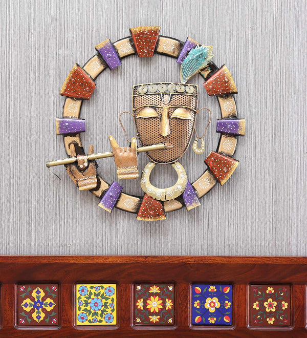 Golden Iron Krishnavatar Wall Hanging For Decor | Spiritual Metal Wall art