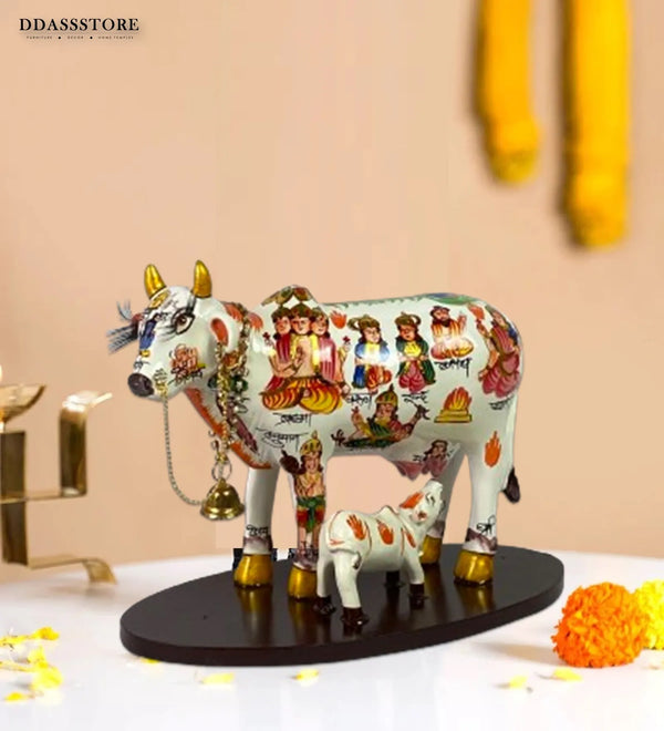 Handcrafted Kamdhenu Cow Statue with Calf for Home temple and Vastu | Cow with Calf (Small) 