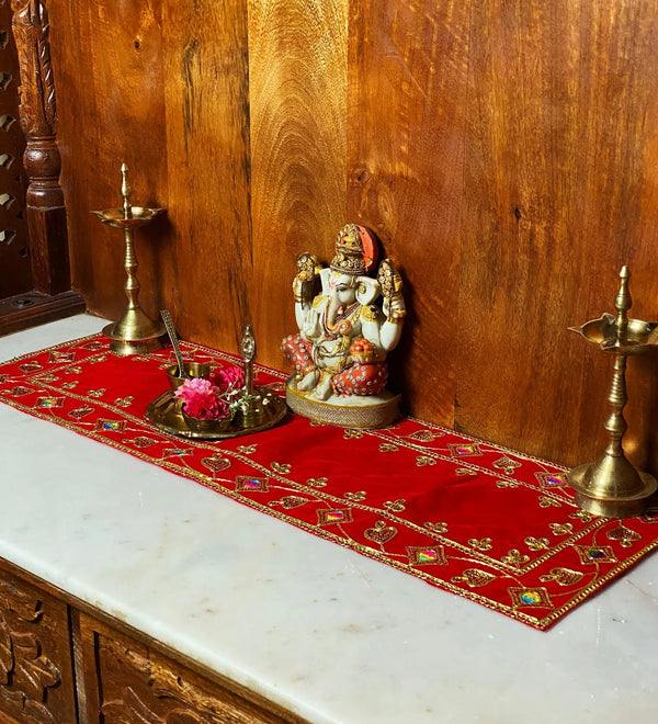 Handmade Red Velvet Puja Aasan | Puja Altar Cloth / Chowki Aasan / Kapda Mat for Puja