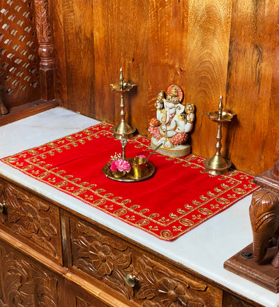 Handmade Red Velvet Puja Aasan | Puja Altar Cloth / Chowki Aasan / Kapda Mat for Puja Table for Puja Home Mandir and Temple