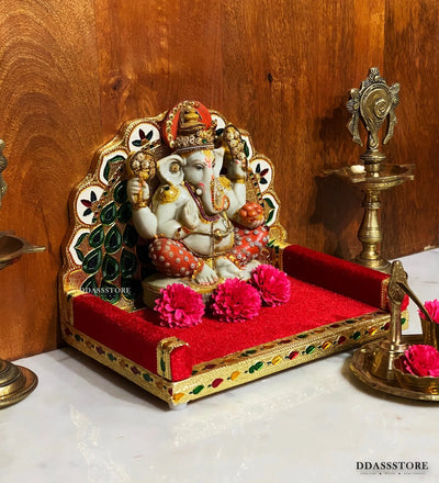 Handmade Wood Golden Metal Velvet Pooja Sinhasan for Wooden Home Temple