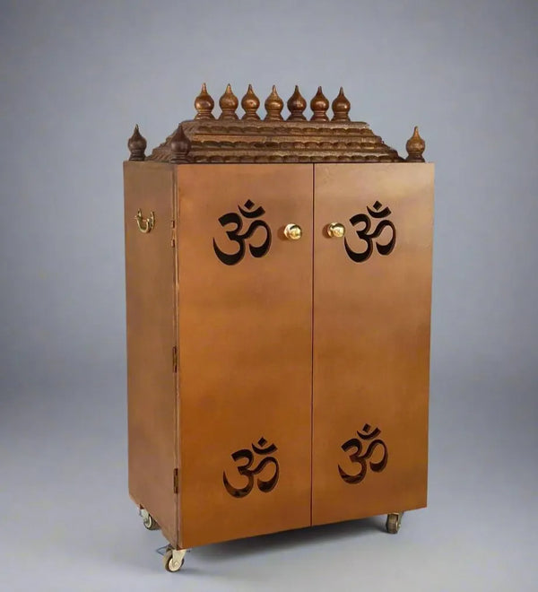Honey MDF Sheesham Big Wooden Pooja Cabinet With Gopuram