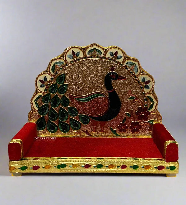Handmade Wood Golden Metal Velvet Pooja Sinhasan for Wooden Home Temple - D'DASS Store