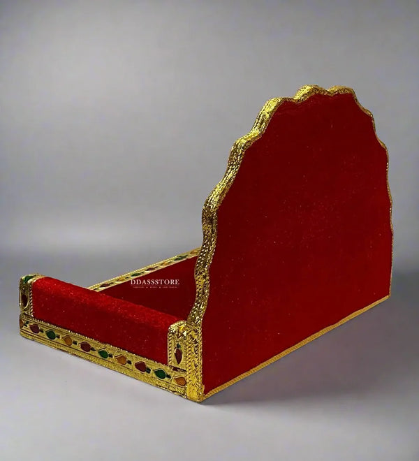 Handmade Wood Golden Metal Velvet Pooja Sinhasan for Wooden Home Temple - D'DASS Store