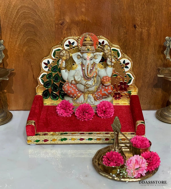 Handmade Wood Golden Metal Velvet Pooja Sinhasan for Wooden Home Temple - D'DASS Store