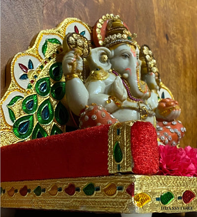 Handmade Wood Golden Metal Velvet Pooja Sinhasan for Wooden Home Temple - D'DASS Store