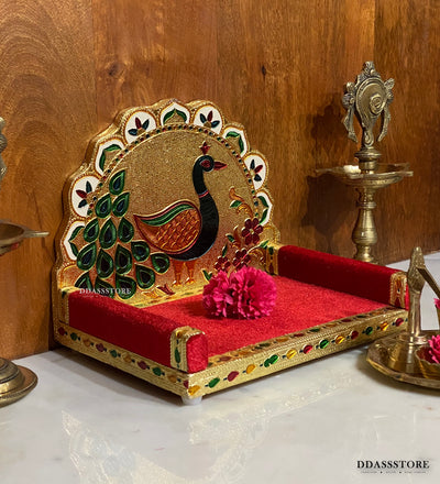 Handmade Wood Golden Metal Velvet Pooja Sinhasan for Wooden Home Temple