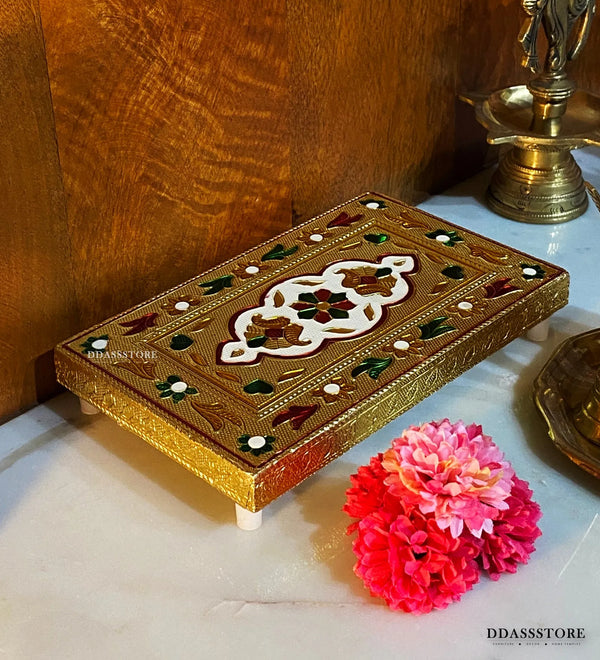 Handmade Wood Gold Meeakari work Pooja Chowki for Puja Mandir - D'DASS Store