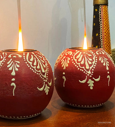 Red Colour Wooden Tea Light Holder (Set Of 2) - D'DASS Store