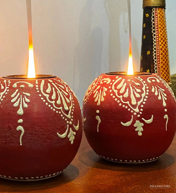 Red Colour Wooden Tea Light Holder (Set Of 2) - D'DASS Store