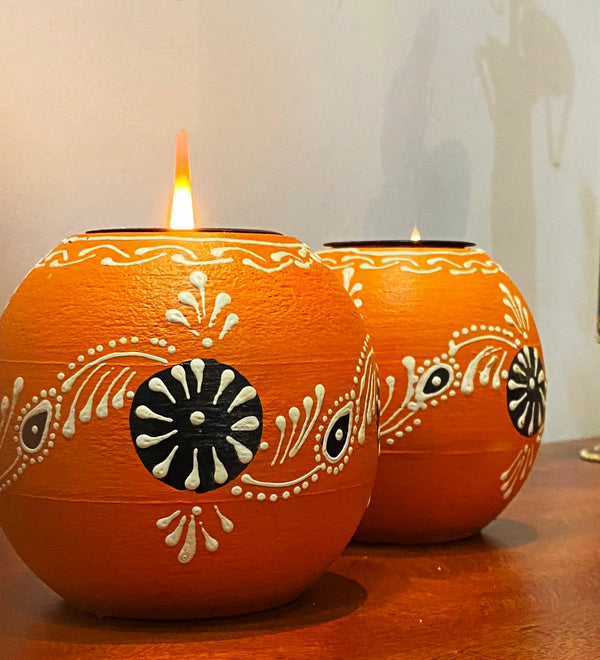 Multicolour Mango Wood and Pine Wood Tea Light Holder (Set Of 2) - D'DASS Store