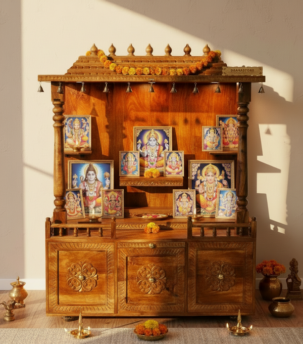 South Indian Style Solid Sheesham Wood Pooja Mandapam | Pooja room mandir designs