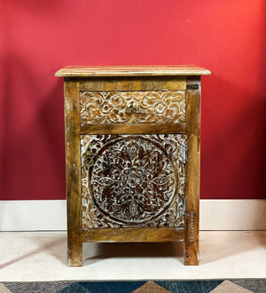 Distressed White Solid wood HandCarved Bedside Table for Bed