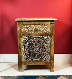 Distressed White Solid wood HandCarved Bedside Table for Bed