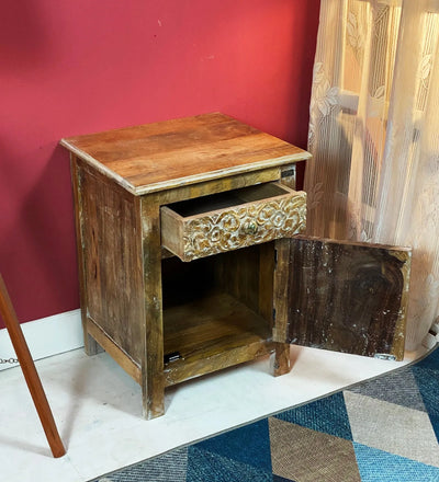 Distressed White Solid wood HandCarved Bedside Table for Bed - D'DASS Store