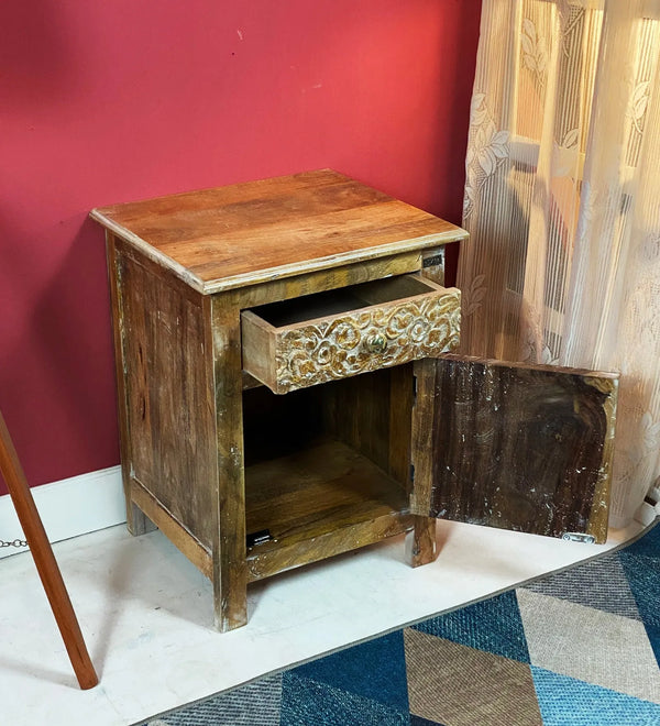 Distressed White Solid wood HandCarved Bedside Table for Bed - D'DASS Store