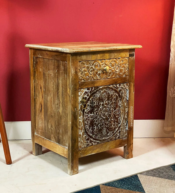 Distressed White Solid wood HandCarved Bedside Table for Bed - D'DASS Store