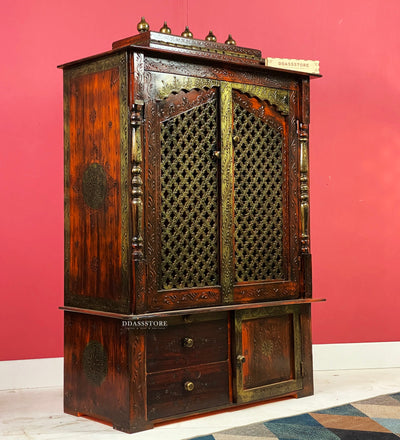 Wooden Home Temple & Puja Mandap with Cabinet | DDASSWT3618_CopperD - D'DASS Store