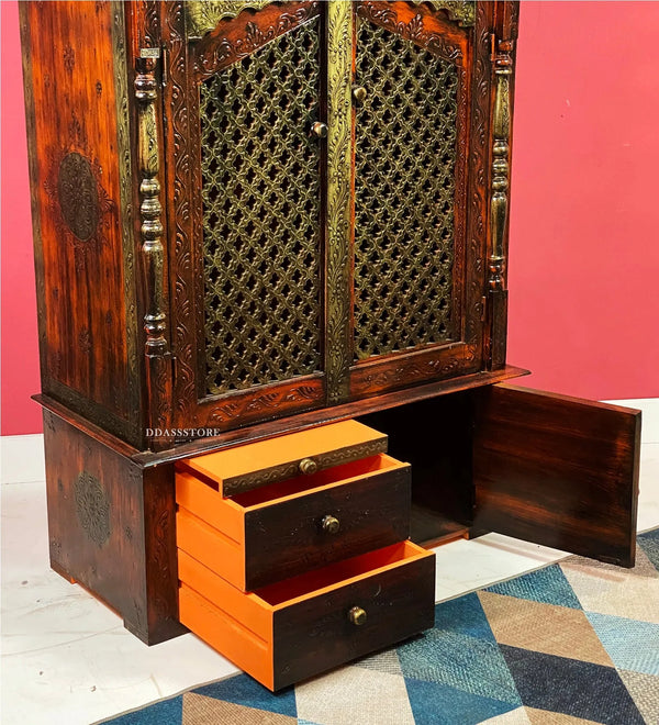 Wooden Home Temple & Puja Mandap with Cabinet | DDASSWT3618_CopperD - D'DASS Store