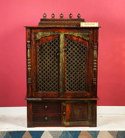 Wooden Home Temple & Puja Mandap with Cabinet | DDASSWT3618_CopperD - D'DASS Store