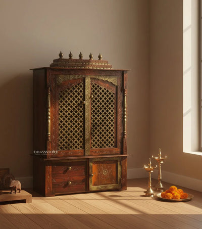 Wooden Home Temple & Puja Mandap with Cabinet | DDASSWT3618_CopperD - D'DASS Store