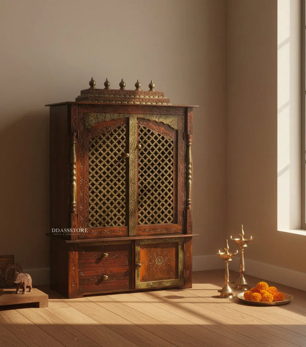 Wooden Home Temple & Puja Mandap with Cabinet | DDASSWT3618_CopperD - D'DASS Store