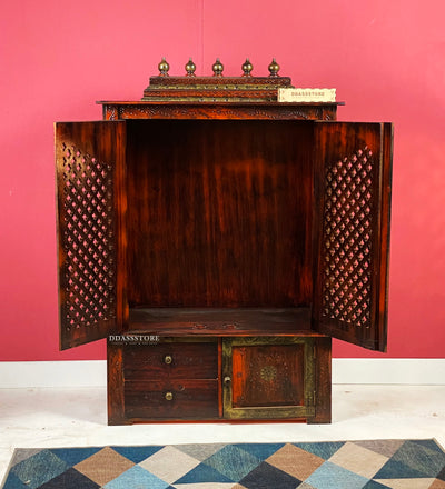 Wooden Home Temple & Puja Mandap with Cabinet | DDASSWT3618_CopperD - D'DASS Store