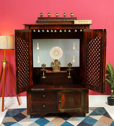 Wooden Home Temple & Puja Mandap with Cabinet | DDASSWT3618_CopperD - D'DASS Store