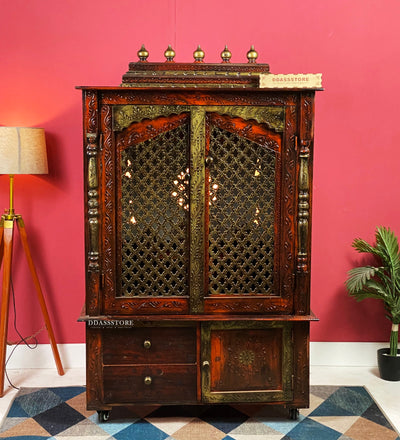 Wooden Home Temple & Puja Mandap with Cabinet | DDASSWT3618_CopperD - D'DASS Store