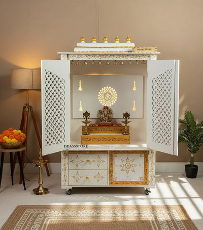 Wooden Home Temple & Puja Mandap with Cabinet Storage | DDASSWT3618_RGD - D'DASS Store