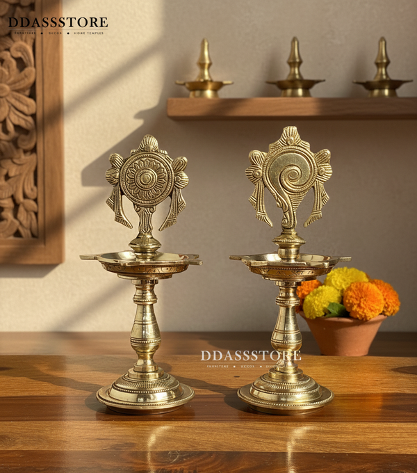 Traditional Brass Vishnu Shankh Chakra Standing Diya Lamp | DDASSBR14