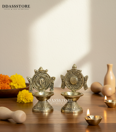 Traditional Brass Balaji Shankh Chakra Diya for Home Temple (Pair of 2) | DDASSBR08