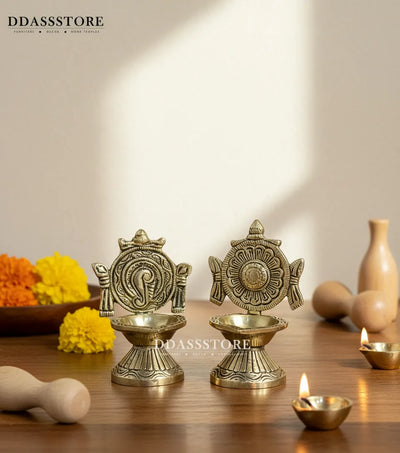 Traditional Brass Balaji Shankh Chakra Diya for Home Temple (Pair of 2) | DDASSBR08 - D'DASS Store