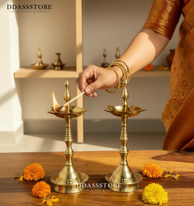 Traditional Brass Oil lamp Nilavilakku Diya for Home Temple (Pair of 2) | DDASSBR05 - D'DASS Store