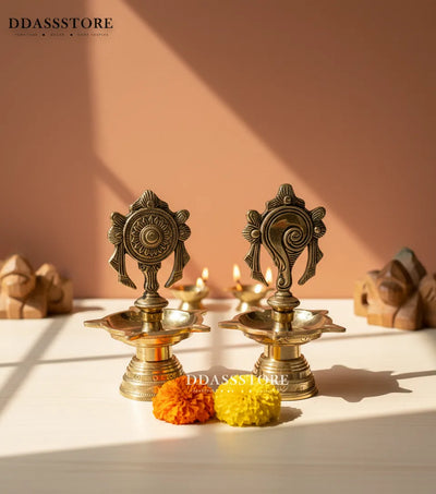 Traditional Brass Balaji Shankh Chakra Diya for Home Temple (Pair of 2)| DDASSBR11 - D'DASS Store