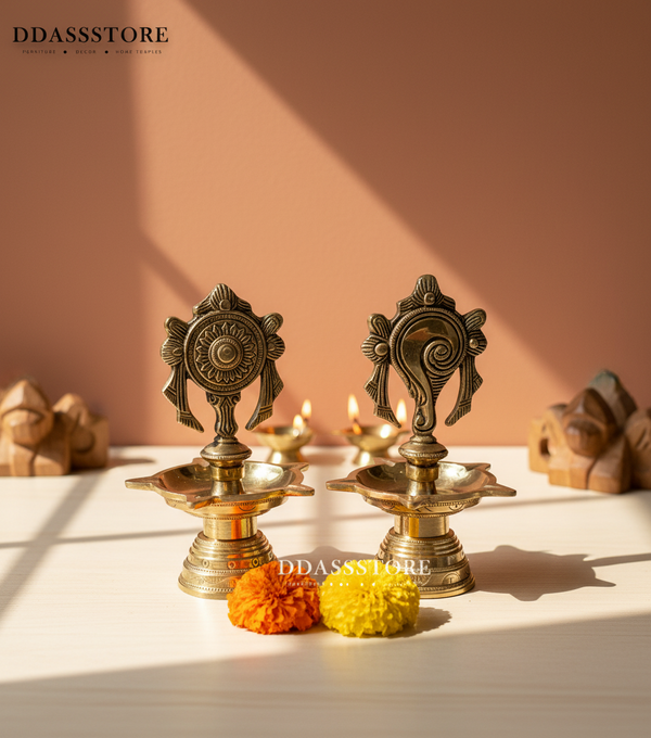 Traditional Brass Balaji Shankh Chakra Diya for Home Temple (Pair of 2)| DDASSBR11