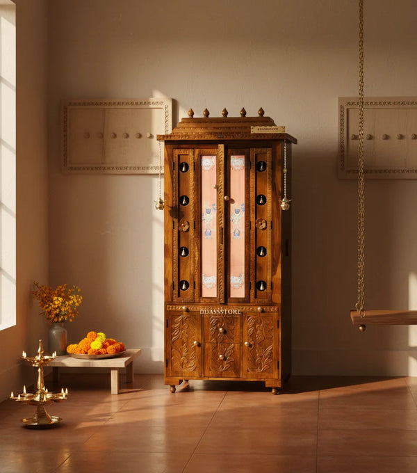 Sri Narayan Solid Sheesham Wood Pooja Mandapam with Door | DDASSMANDAP178 - D'DASS Store