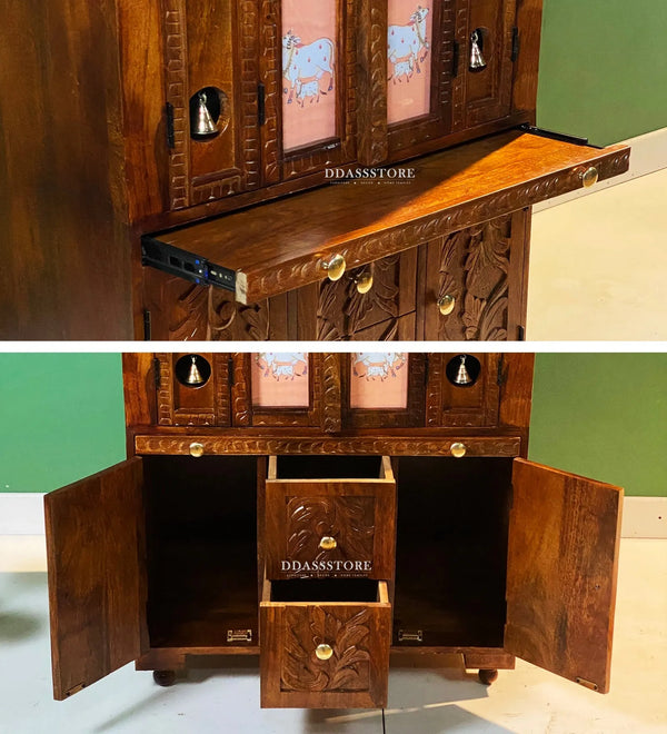 Sri Narayan Solid Sheesham Wood Pooja Mandapam with Door | DDASSMANDAP178 - D'DASS Store