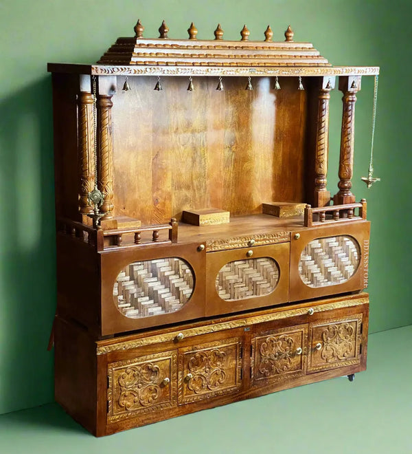 Handcarved Solid Wood Pooja Cabinet for Mandapam | Pooja room mandir designs - D'DASS Store