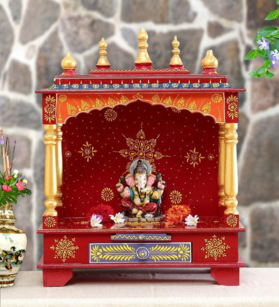 Multi-color Handpainted Sheesham &amp; MDF Wooden Pooja Temple For Hom