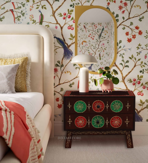 Multicolor Handpainted Solid wood HandCarved Bedside Table for Bed