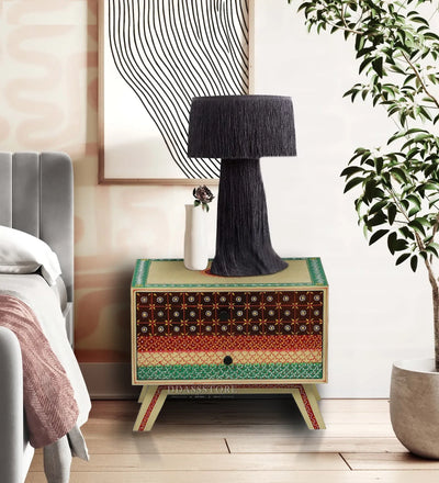 Multicolor Handpainted Solid wood HandCarved Bedside Table for Bed