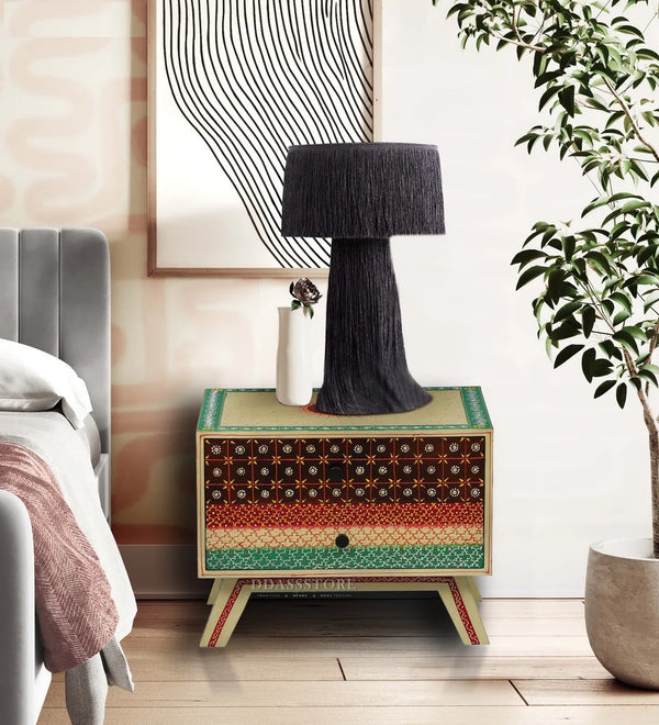 Multicolor Handpainted Solid wood HandCarved Bedside Table for Bed