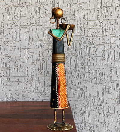 Multicolour Iron Tribal Lady Farmer For Table Decor