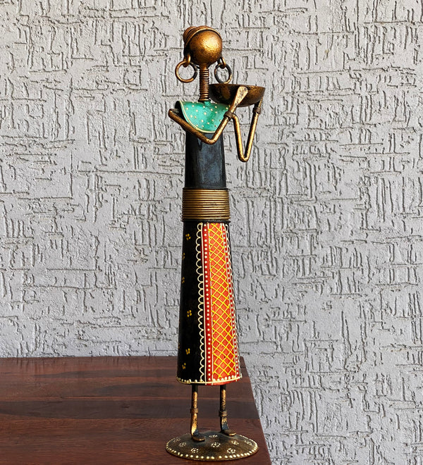 Multicolour Iron Tribal Lady Farmer For Table Decor