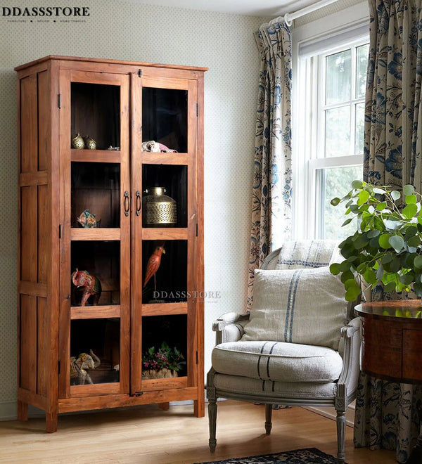 Natural Rustic Solid wood HandCarved Bookshelf with Storage